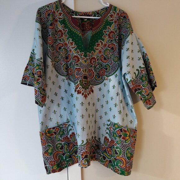Vintage Jamaican Dashiki Tunic Shirt Size Large Pockets Hippie Boho Blue - Picture 6 of 13